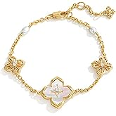 FETERO Gold Bracelets for Women Trendy, Dainty 14K Gold Plated Charm Clover Bracelet 2 Sided Lucky Pendant Cute Pearl Beaded Bracelets Link Chain Waterproof Womens Jewelry Gifts