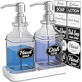 LMQML Soap Dispenser - 2 Pack, Antique Design Thick Glass Hand Soap Dispensers with Sturdy Tray; 304 Rust Proof Stainless Steel Silver Pump, 12Pcs Stickers, for Kitchen, Bathroom