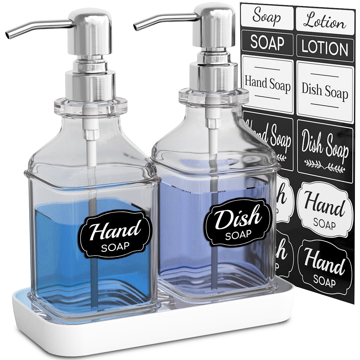 Photo 1 of LMQML Soap Dispenser - 2 Pack, Antique Design Thick Glass Hand Soap Dispensers with Sturdy Tray; 304 Rust Proof Stainless Steel Silver Pump, 12Pcs Stickers, for Kitchen, Bathroom