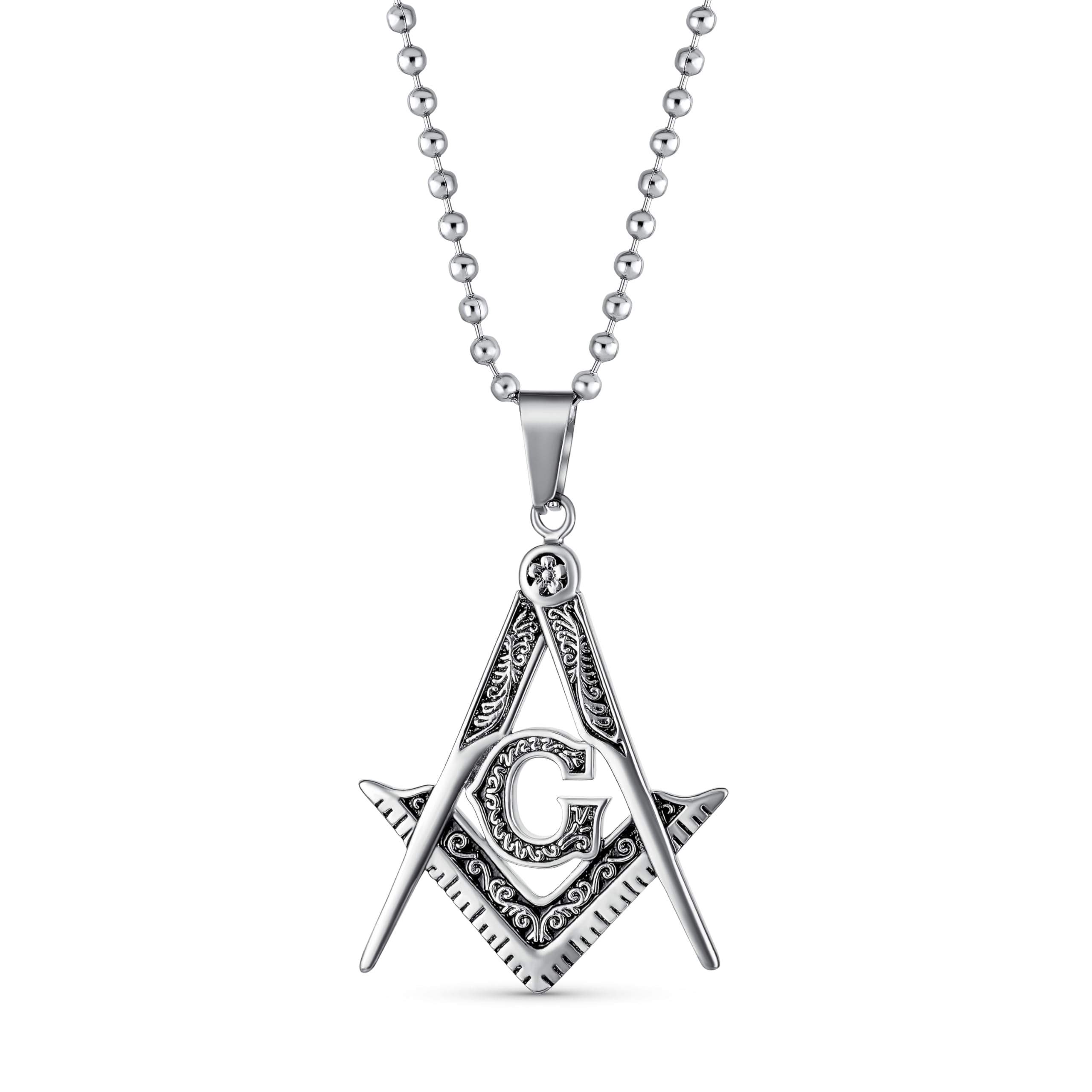 Bling Jewelry Black Oxidized Large Freemason Secret Society Square & Compass Masonic Symbol Pendant Necklace For Men Silver Tone Stainless Steel With Bead Chain