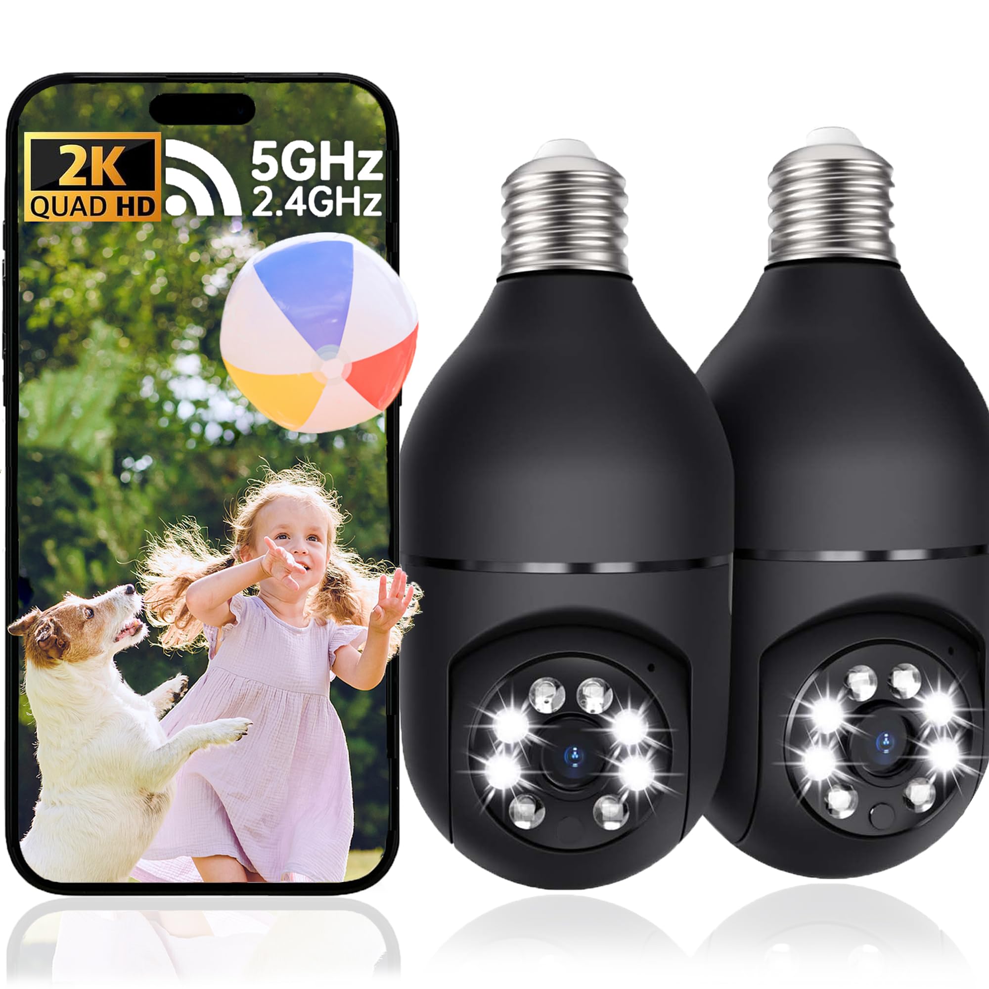 Photo 1 of 2K Light Bulb Camera Outdoor, 2.4/5GHz Wi-Fi 6 Security Cameras Wireless Outdoor, 360° PTZ Cameras for Home Security with Color Night Vision, AI Human Detection, 2 Way Talk, Easy Installation,2 Packs
