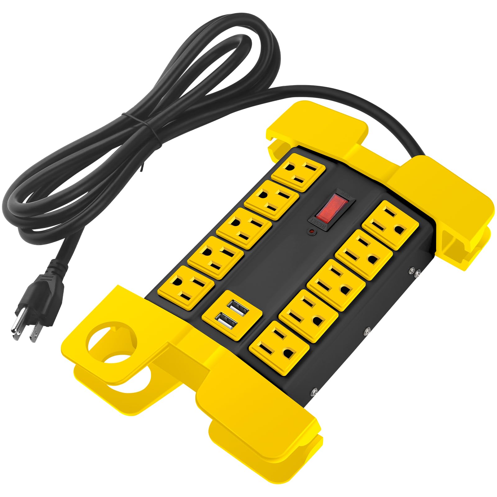 CCCEI Heavy Duty Power Strip with USB Ports, Garage 10 Outlets Surge Protector 2700 Joules, Industrial Workshop Metal 15Amp Multiple Outlets, 10 FT Extension Cord and Wide Spaced Black Image