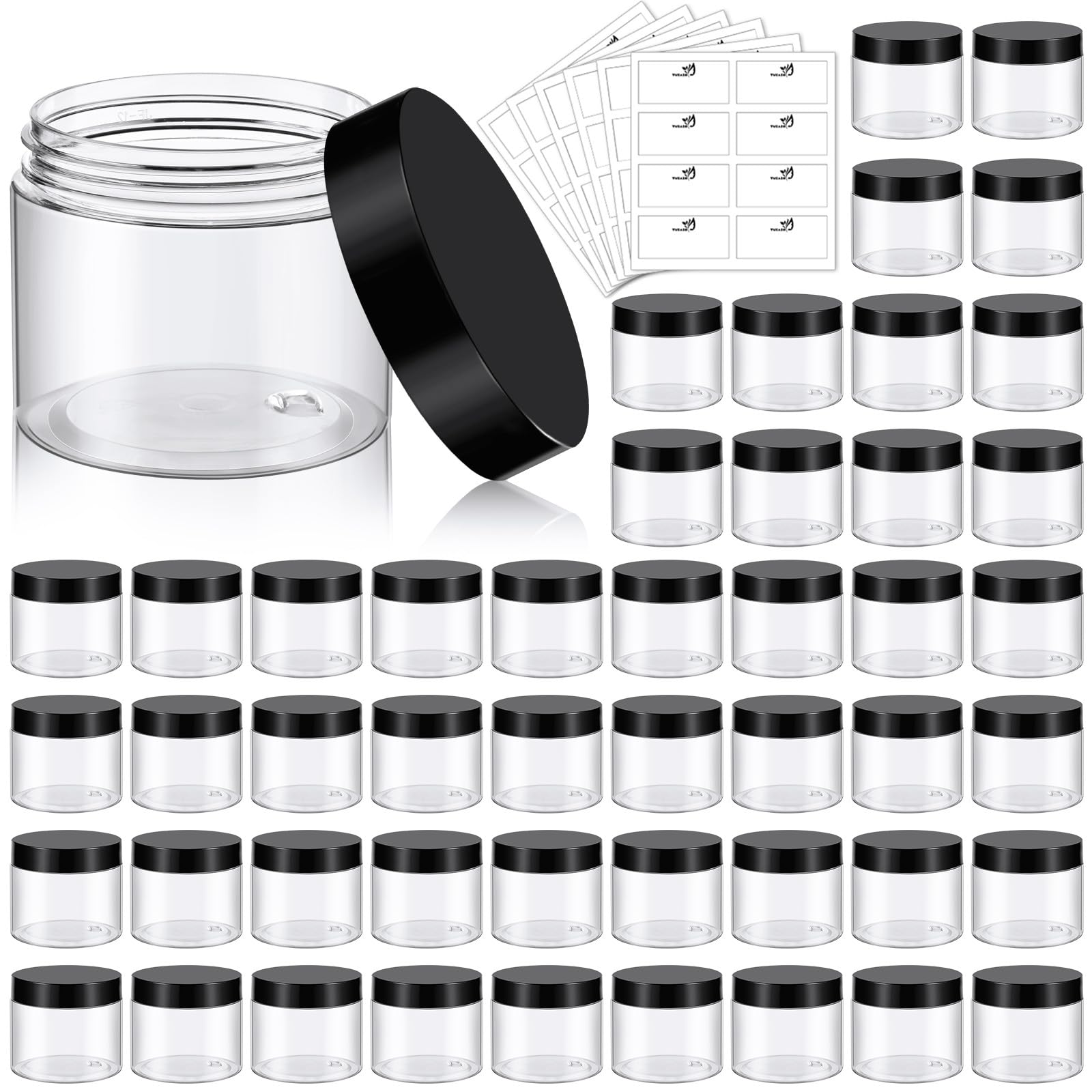 Photo 1 of TUZAZO 48 Pack 6 Oz Plastic Container Jars with Lids and Labels BPA Free, Empty Round Clear Cosmetic Containers Plastic Slime Jars for Lotion, Cream, Ointments, Body Butter, Travel Storage (48)