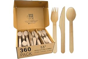 Naturelia Wooden Compostable Cutlery Set - 360 Pieces: Eco-Friendly, Biodegradable Wooden Cutlery Set (120 Forks, 120 Spoons,