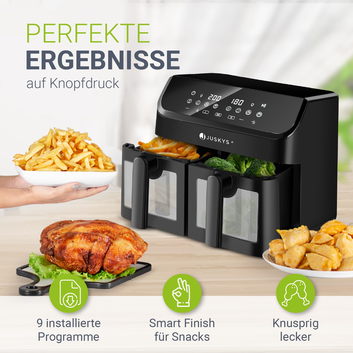 Juskys® Airfryer 9 L Doppelkammer - Heißluftfritteuse 2 Kammern, 9 Programme, beschichtet, XXL Fritteuse 4
