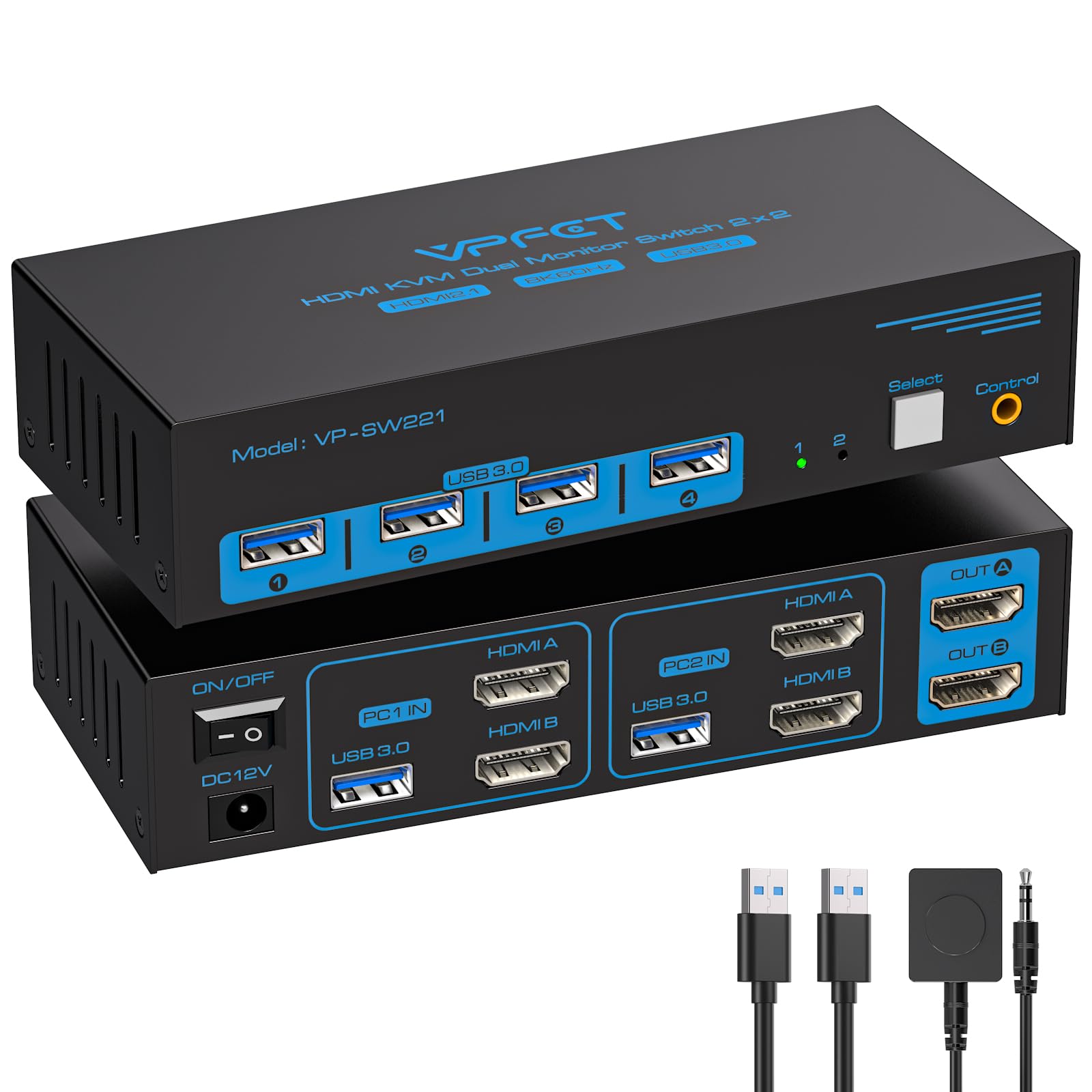 VPFET HDMI KVM Switch 2 PC 2 Monitore 8K60Hz USB 3.0 KVM-Switches für Zwei Computer teilen sich Dual Monitor und Vier Peripheriegeräte Support Erweiterungsmodus & Kopiermodus mit Desktop-Controller