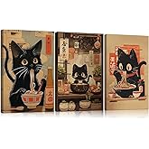 3Pcs Japanese Black Cat Canvas Wall Art Vintage Cat Eating Ramen Posters Prints Edo Period Ramen Pictures Japan Kitchen Painting Unique Wall Decor for Dining Animal Lover Gift 24x16in Framed