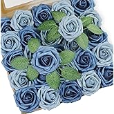 Jdsour 50pcs Artificial Flower,Real Touch Foam Roses w/Stem DIY for Wedding Bouquet Centerpieces Party Shower Home Decor-Dusty Blue Shades