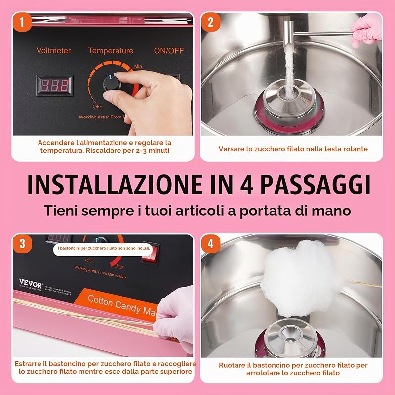 Macchina Zucchero Filato Elettrica 1000 W Macchina Zucchero Filato Commerciale, con Ciotola in Acciaio Inossidabile, Paletta per Zucchero, per Compleanno di Bambini, Feste in Famiglia, Rosa