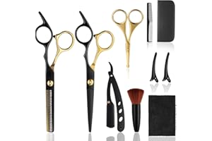 FUNNYFOX 9 Pcs Sharp Hair Cutting Scissors Kit, Stainless-Steel 6.7‘’ Barber Scissors Professional Set, Multifunctional Thinning Shears for Hair Cutting, Wigs Texturizing Tools for Women Men Home Salon(Gold)