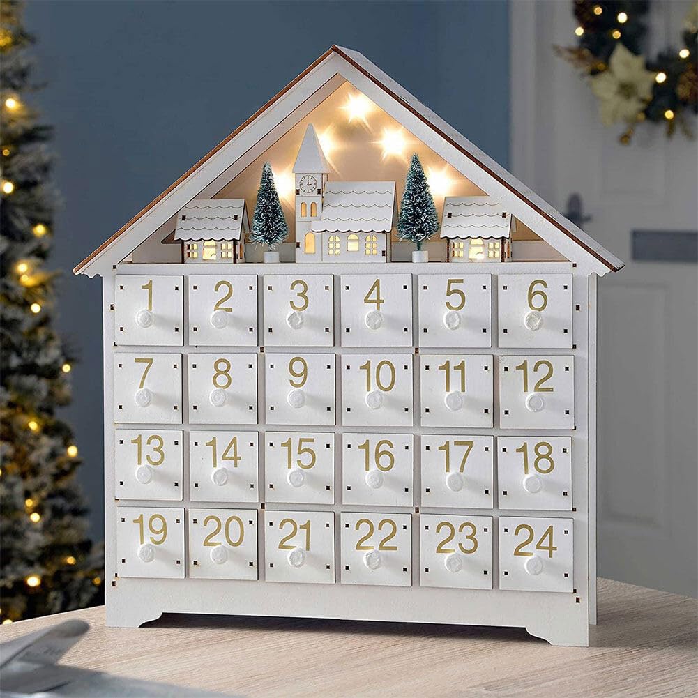 Photo 1 of LED Christmas Advent Calendar with 24 Storage Drawers Wooden Advent Calendar Decorated with Christmas Tree House Reusable Xmas Countdown Calendar DIY for Adults Kids Gifts Holiday Decoration (White)