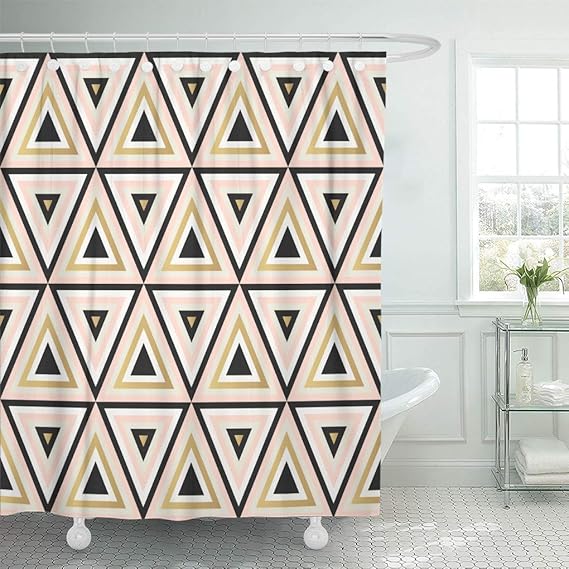 QYGA-3BU Cortina de baño Rosa Gris Triángulos Abstractos en Oro Rosa y