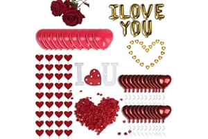 UPPER MIDLAND PRODUCTS Romantic Decorations Valentines Day, Anniversary, Bedroom Special Night Décor - 3000 Rose Petals, LED & Balloon "I Love You" 36 Heart Candles, 2 Artificial Roses, 144 Red Heart Strings, Heart Balloons