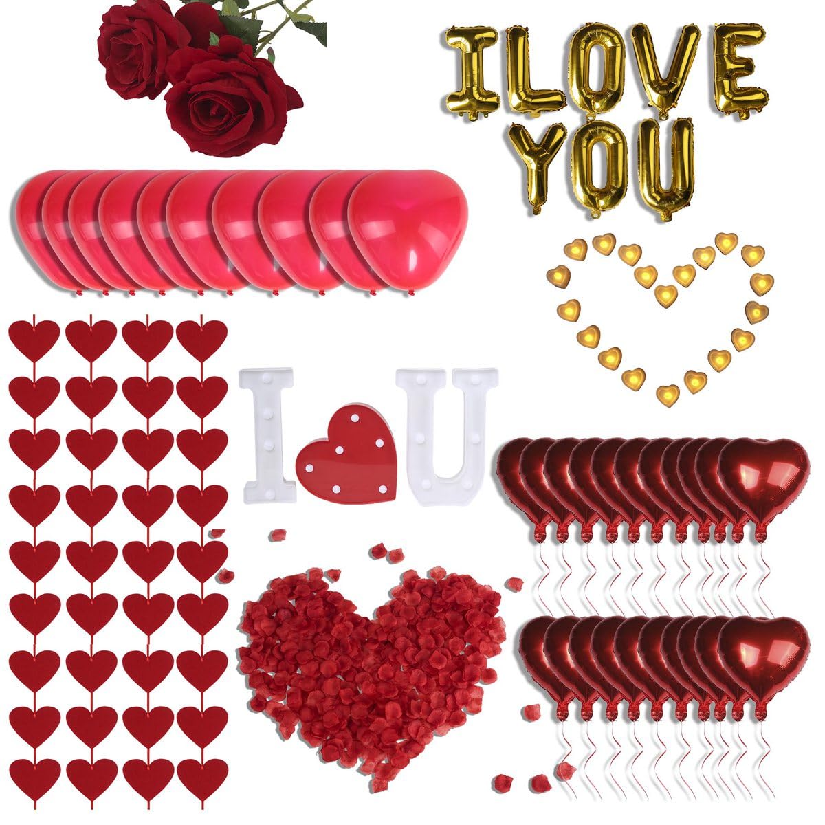 Photo 1 of Romantic Decorations Valentines Day, Anniversary, Bedroom Special Night Décor - 3000 Rose Petals, LED & Balloon "I Love You" 36 Heart Candles, 2 Artificial Roses, 144 Red Heart Strings, Heart Balloons