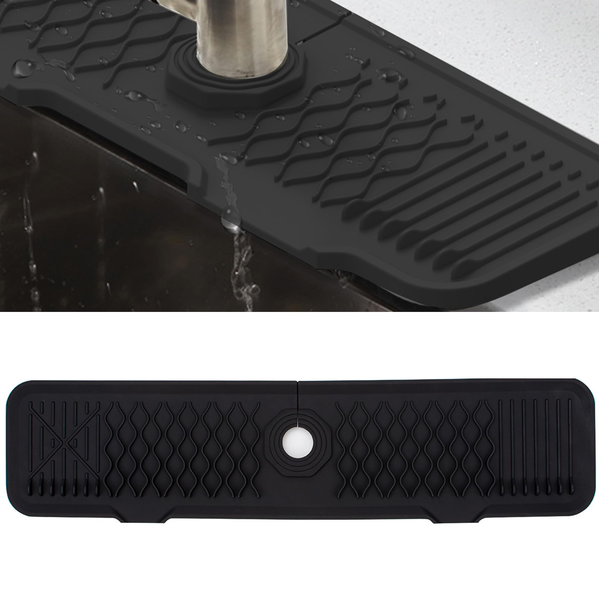 Veki Silicone Faucet Mat for Draining, Kitchen Tap Sink Splash Guard, Foldable Tap Drip Draining Holder, Faucet Handle Drip Catcher Tray for Kitchen and Bathroom Countertop Protect (61 cm, Black)