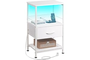 WLIVE White Night Stand with Charging Station, LED Nightstand with Adjustable Fabric Drawer, 3-Tier Storage Bedside Table, Small End Side Tables for Bedroom