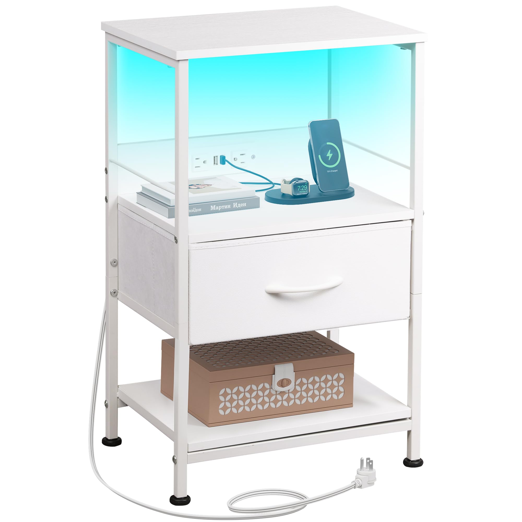 Photo 1 of WLIVE White Night Stand with Charging Station, LED Nightstand with Adjustable Fabric Drawer, 3-Tier Storage Bedside Table, Small End Side Tables for Bedroom