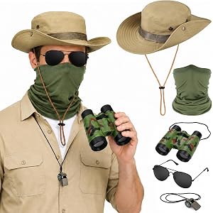 Yotako 5 PCS Safari Costume Accessories Set for Women Men | Zookeeper Costume with Safari Hat Binoculars Sunglasses Whistle,