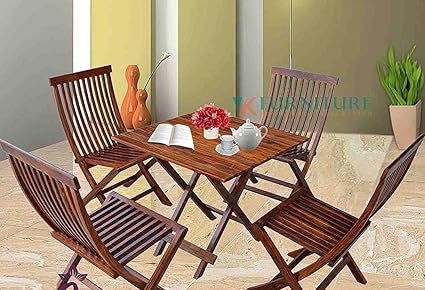 VK Furniture Sheesham Wood Foldable Patio Dining Set | for Balcony, Garden and Outdoor | 4 Chairs and Square Table | Brown