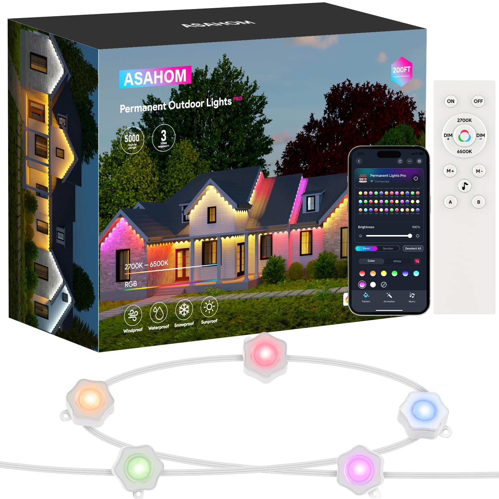 Photo 1 of **PARTS ONLY NON REFUNDABLE**
ASAHOM Permanent Outdoor Lights Pro, 200ft with 144 RGBCW LED Lights, IP67 Waterproof, 100 Scenes Modes for Halloween Christmas Decor Daily Lighting, APP/Control Box/Voice Control, White?New Version?