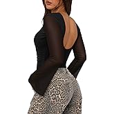 SAUNGKUAI Women's Bodysuits Backless Bell Sleeve Mesh Ruched Bodysuit Boat Neck Open Back Going Out Tops