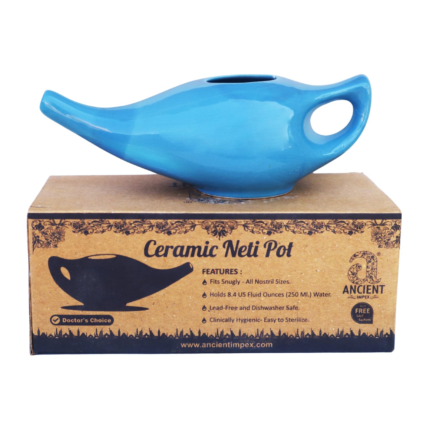Ancient Impex Ceramic Neti Pot 270 ml (Sky Blue) | Natural Sinus & Allergy Relief | Ayurvedic Jala Neti Pot for Nasal Cleansing & Congestion Relief | Reusable & Easy-to-Use Nasal Wash Pot