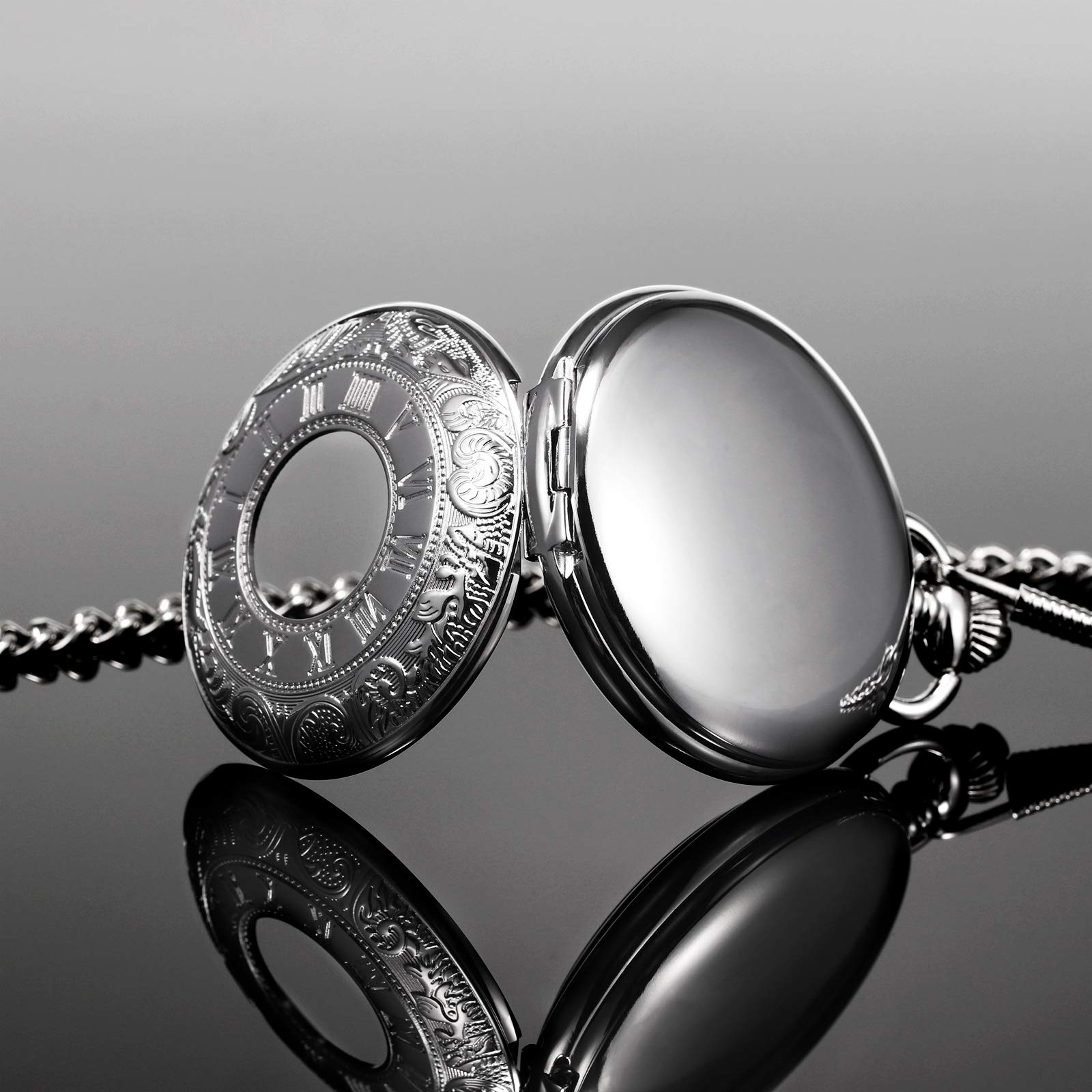 Men's Mechanical Skeleton Pocket Watch for Mens Women Blue Roman Numerals Dial Double Case Pocket Watches