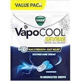 Vicks VapoCool Severe Medicated Sore Throat Drops, Max Strength Menthol, Soothes Sore Throat Pain, Winterfrost Flavor, 70 Count