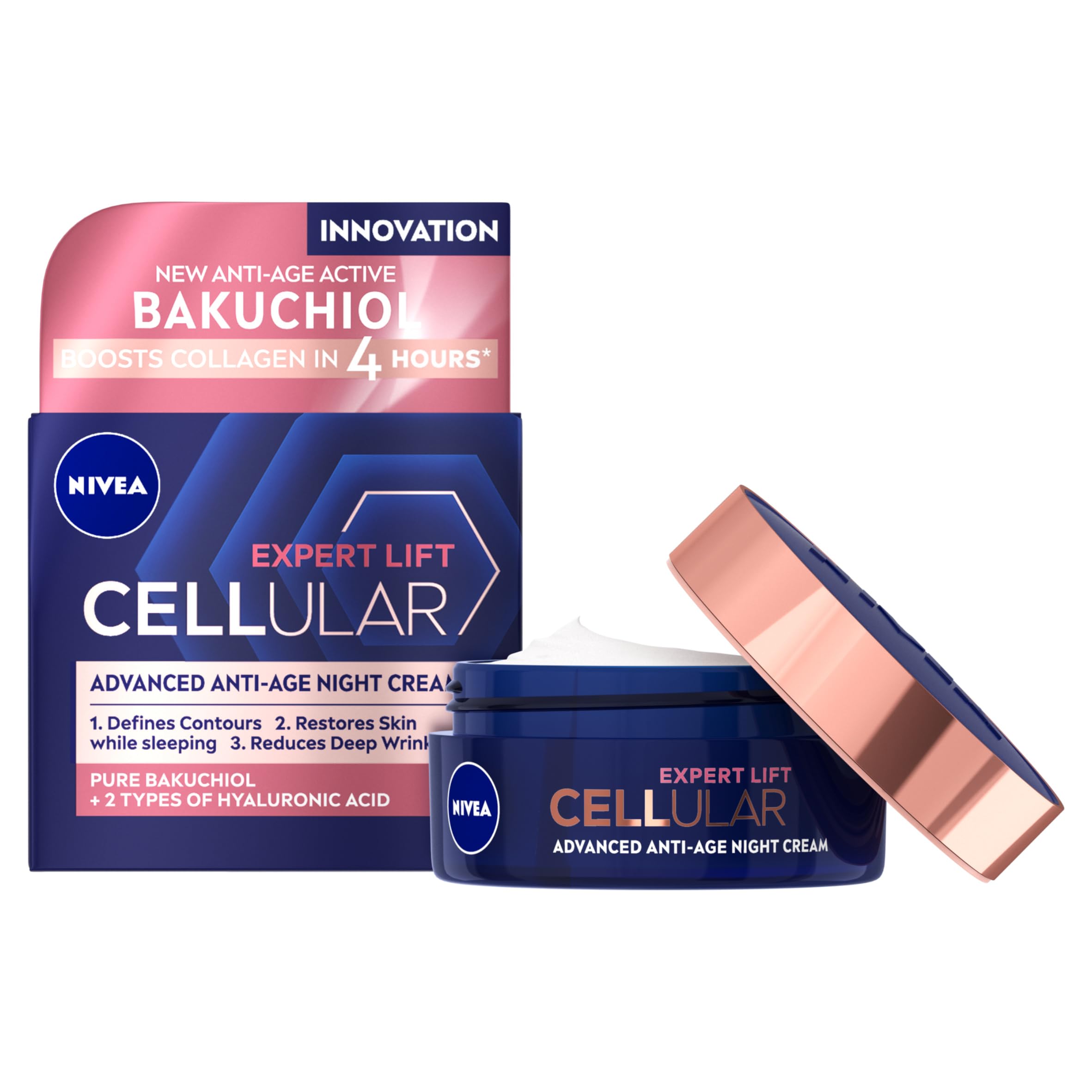 NIVEA Cellular Expert Lift Anti-Age Night Cream (50ml), Anti-Wrinkle Night Cream with Pure Bakuchiol, Night Face Cream Containing Hyaluronic Acid, Night Cream for Women