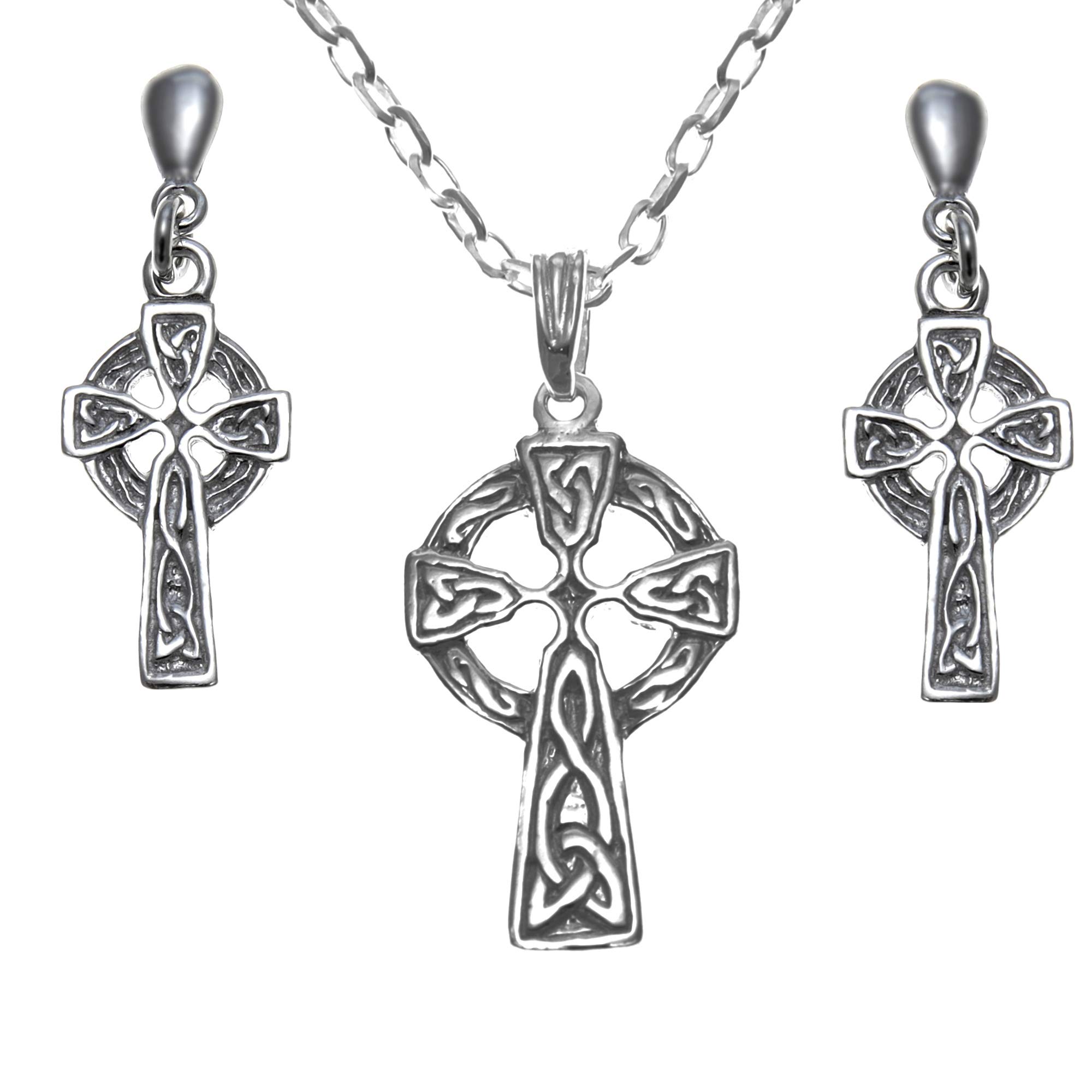 Alexander Castle 925 Sterling Silver Celtic Cross Earring & Necklace Set for Women with Jewellery Gift Box - Irish Jewellery Set