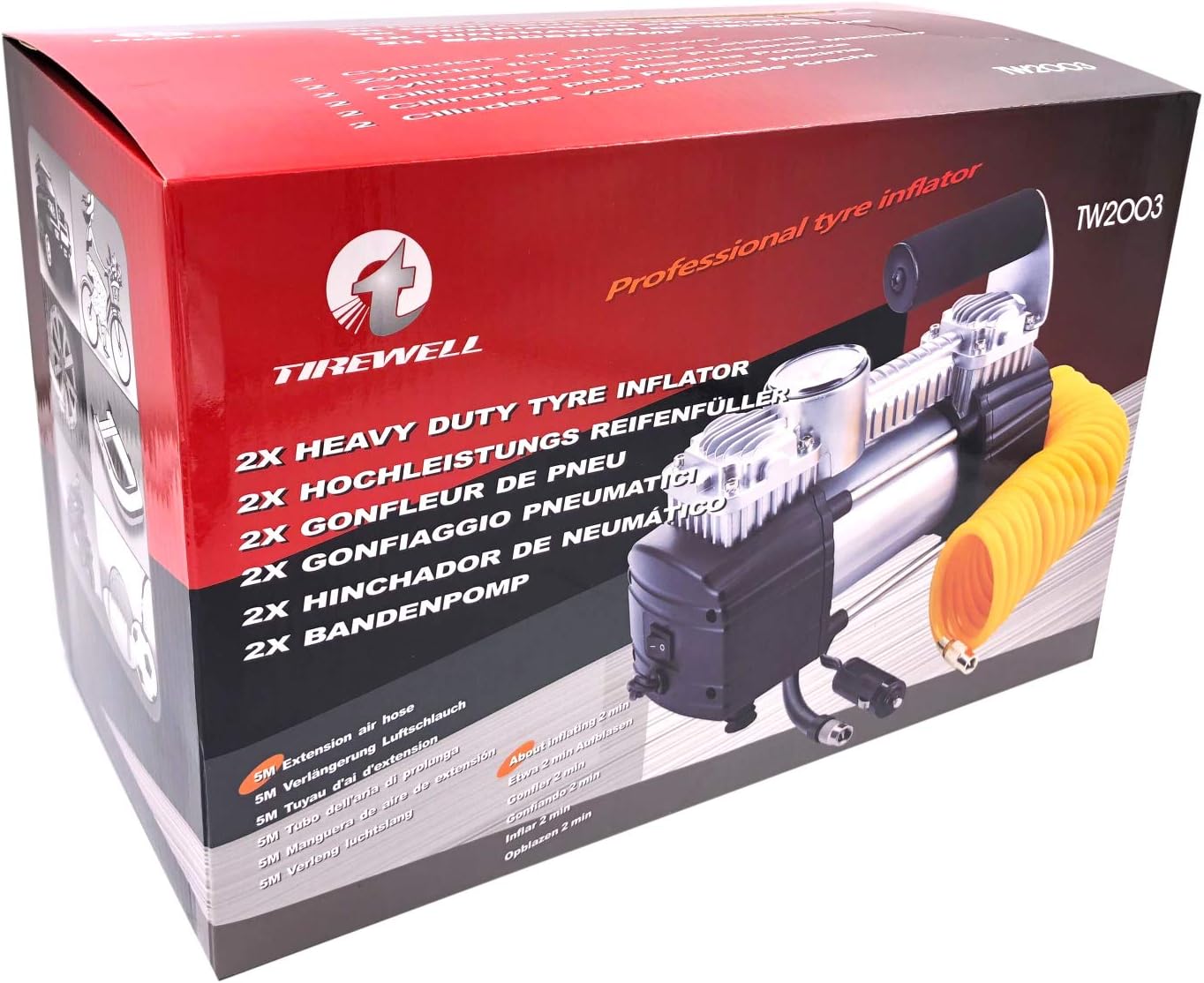 TIREWELL 12V Tire Inflator-Heavy Duty Double Cylinders Direct Drive Metal Pump 150PSI, Compressor with Battery Clamp and 5M Extension Air Hose, SUVs/Trucks/Vans/RVs: Automotive