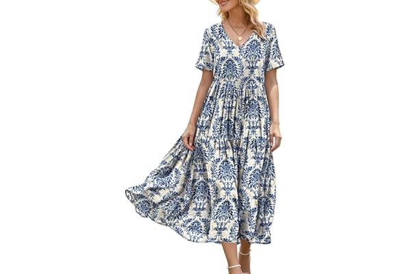 YESNO Women's Summer Maxi Dresses Casual Floral Short Sleeve V Neck Boho Beach Vacation Swing Dress with Pockets EVF