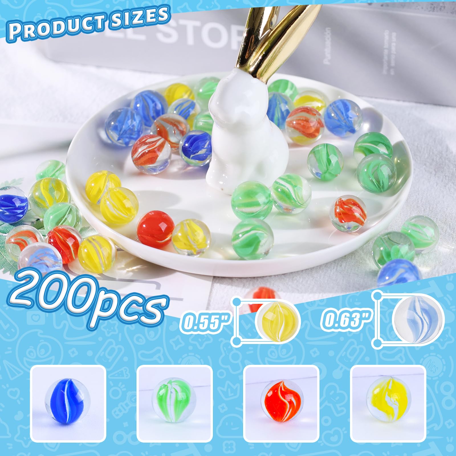 LovesTown 200PCS Glass Marbles Bulk, Colorful Cats Eyes for Kids Marble Game, Assorted Sizes