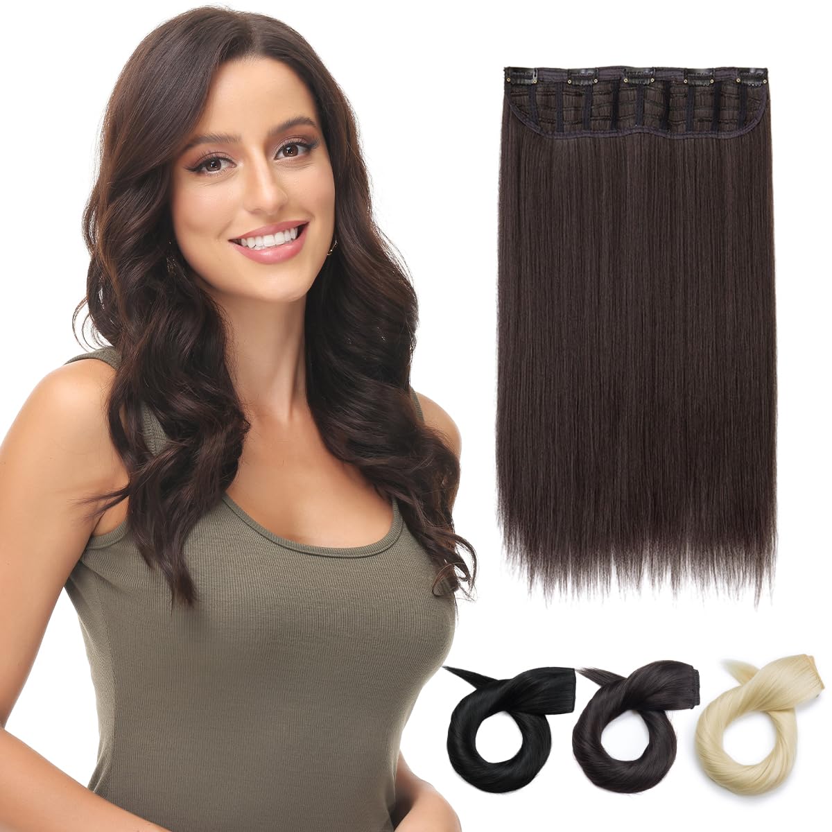 Yamel Clip in Hair Extensions One Piece 5 Clips Long 16 inch Natural Dark Brown Straight Synthetic Hairpieces 3/4 Full Head Clip in Hair Extension โ image 1