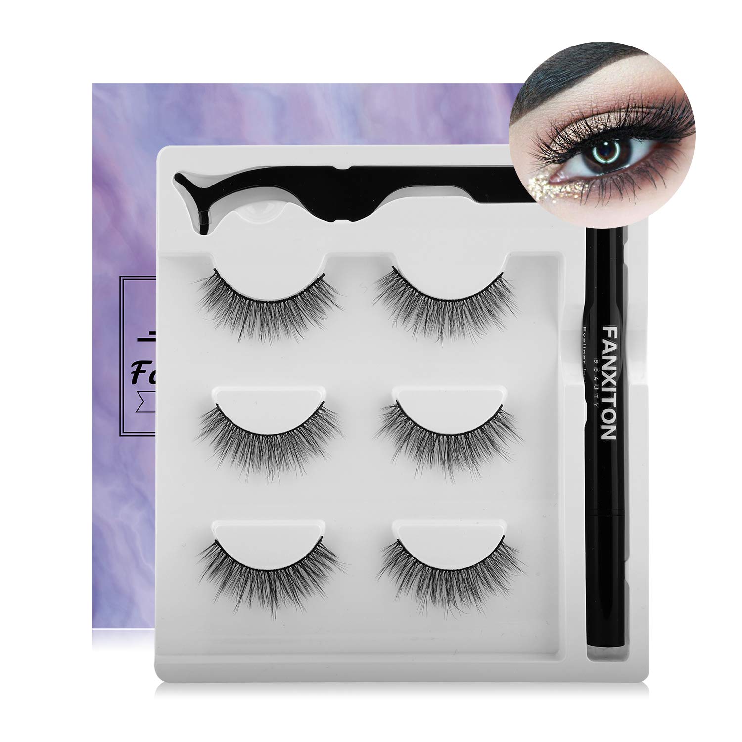 Natural False Eyelashes with Eyeliner Kit, FANXITON 3 Pairs Eyelashes with 2-in-1 Eyeliner - Strong Hold for Lashes - No Magnet and No Glue Needed - So Easy to Apply