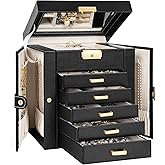 TORIBIO Large Jewelry Box for Women, Leather Jewelry Organizer with Mirror & Lock, 6-Tier Jewelry Storage Case for Girls/Women/Mothers, Necklace Earring Bracelets Holder Organizer