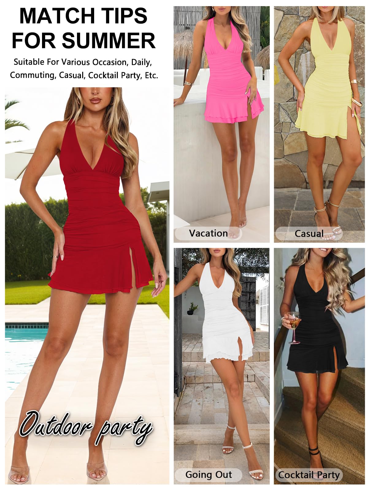 MIYIEONZ Women Sexy Halter Deep V Neck Ruched Bodycon Dress Summer Side Slit Mesh Hem Cocktail Club Party Short Mini Dresses