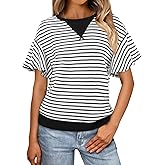 Tankaneo Womens Ruffle Sleeve Striped T Shirts Summer Crew Neck Color Block Tops Casual Loose Fit Tees White