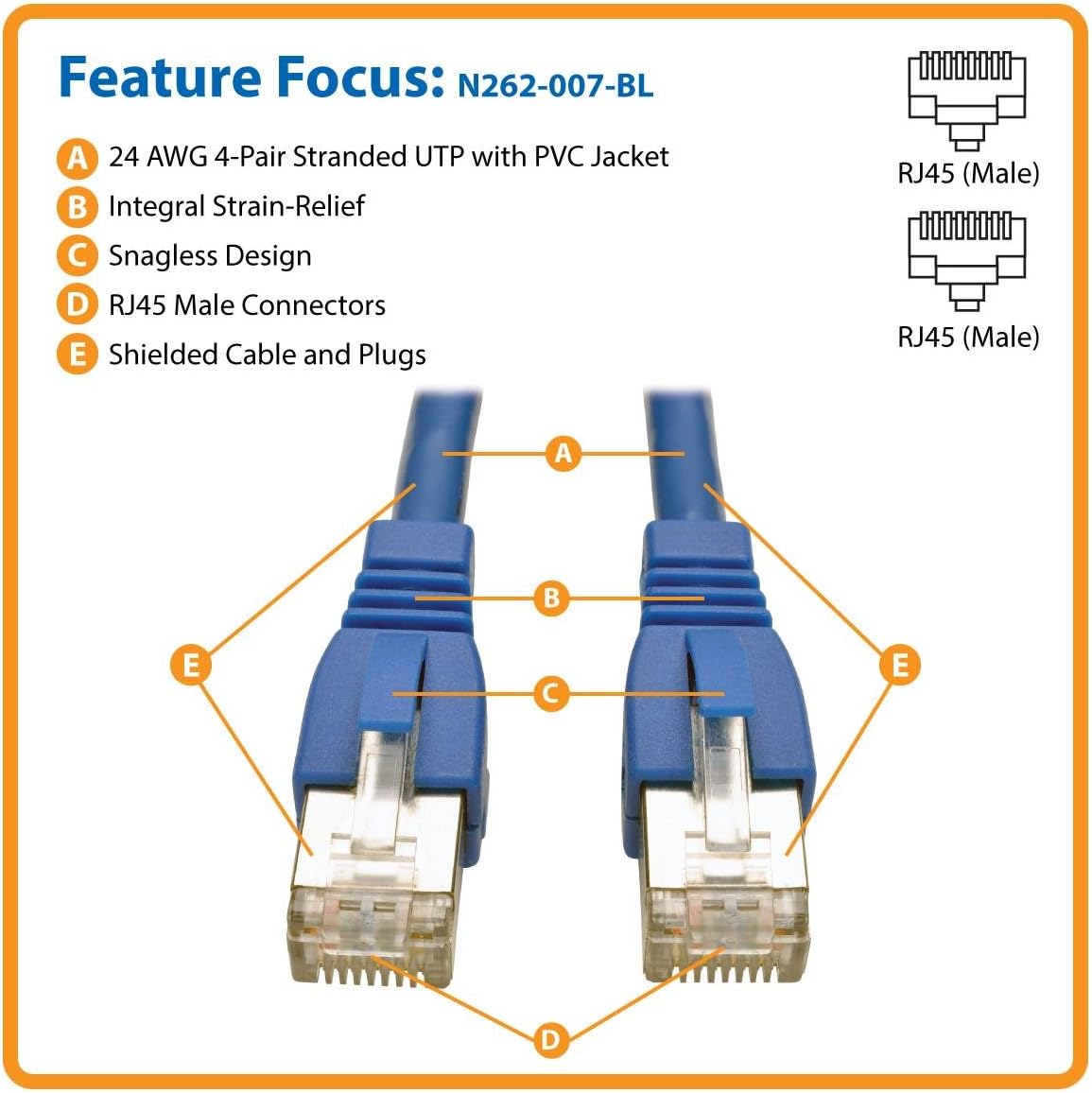 Tripp Lite Augmented CAT6a Shielded STP Snagless Patch Cable RJ45 M/M, Blue, 2.13 m (N262-007-BL), 2.13 m (7 ft) - Image 3