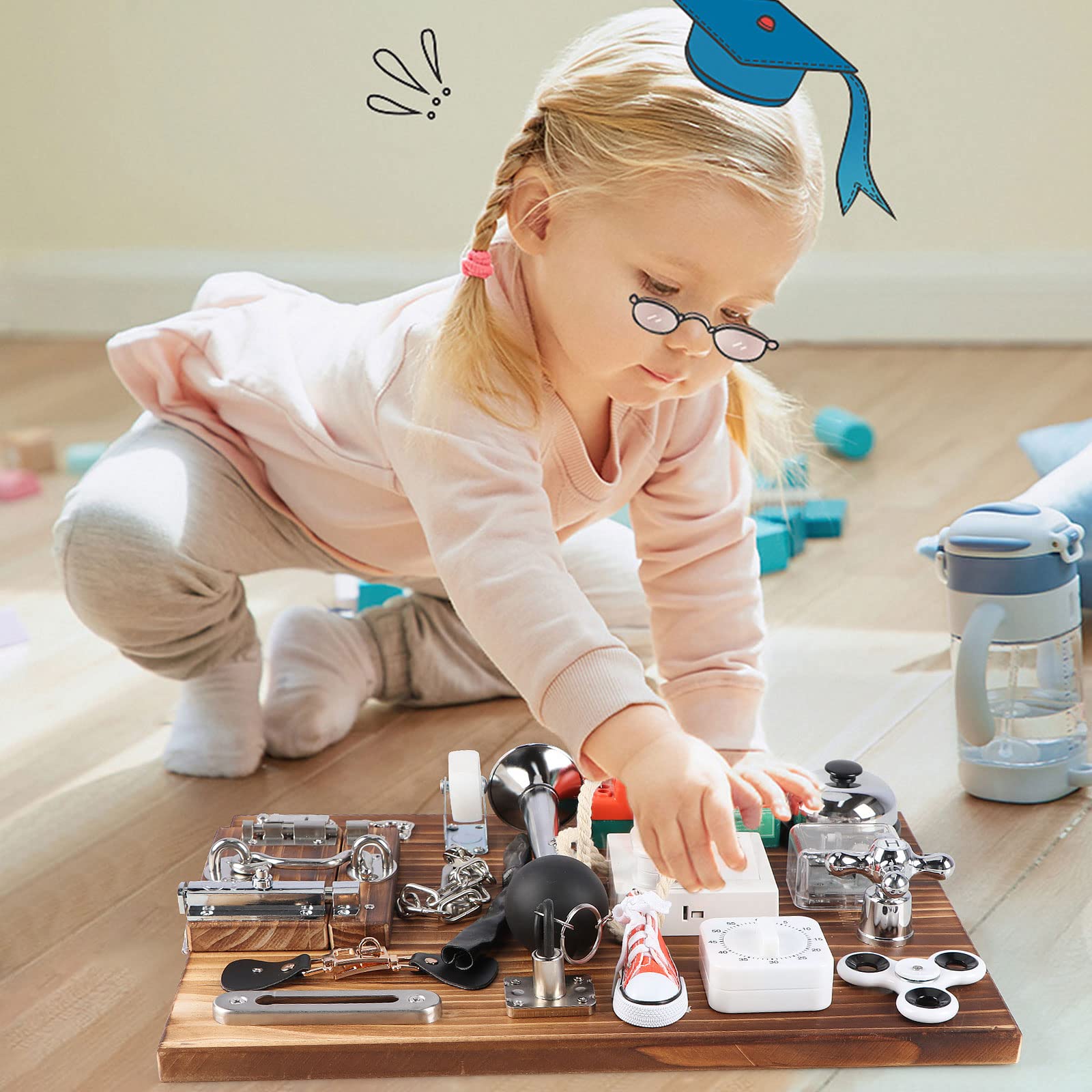 20-in-1 Busy Board for Toddlers - Travel Toy Activity Board for Fine Motor Skills - Toys for 3 Years Old Kids With Switch, Locks, Shoe Laces, Music Box