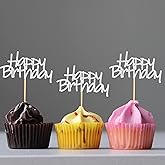 Arthsdite 24pcs Happy Birthday Cupcake Toppers Pre-Assembled Silver Glitter Cake Food Fruit Picks for Celebrating Birthday Party Decoration Supplies