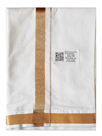 YAZHI BRAND MENS COTTON DHOTI ADJUSTABLE VELCRO with POCKET with Super Rich Gold Jari Border Men