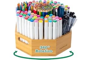 TIKSPCAE 360° Rotating Art Supply Organizer, Holds 750+ Pencils, Bamboo Marker & Pen Holder with Handles, Desk Storage Caddy 