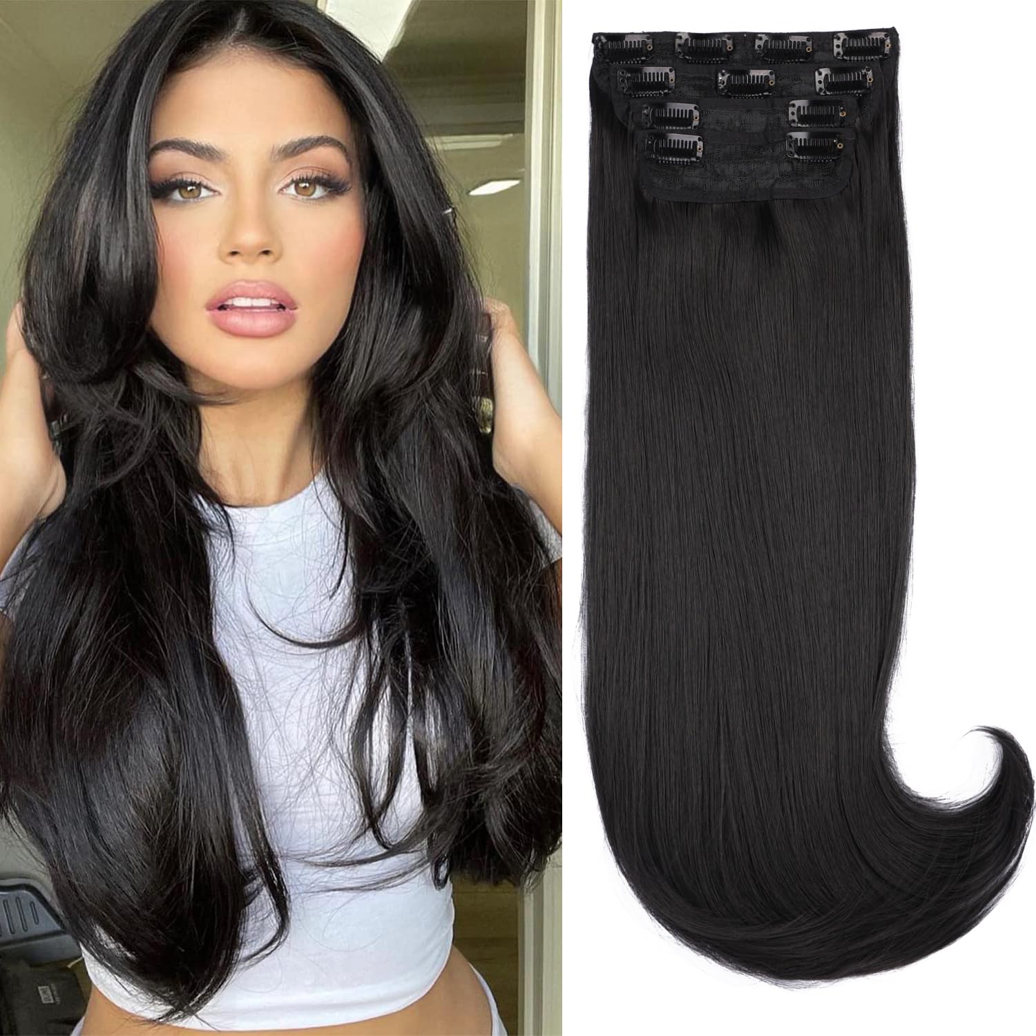 Mscat Clip-in Hair Extensions - 4pcs Black Synthetic Thick Long Straight Layered Hair Extensions - Invisible Lace Weft for Women