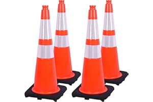 OranLite Fluorescent Orange PVC Traffic Cones, Heavy-Duty Black Base Garage Parking Lot Cone Structurally Stable Weatherproof Road Construction Safety Cones (4, Orange, 28" Large)