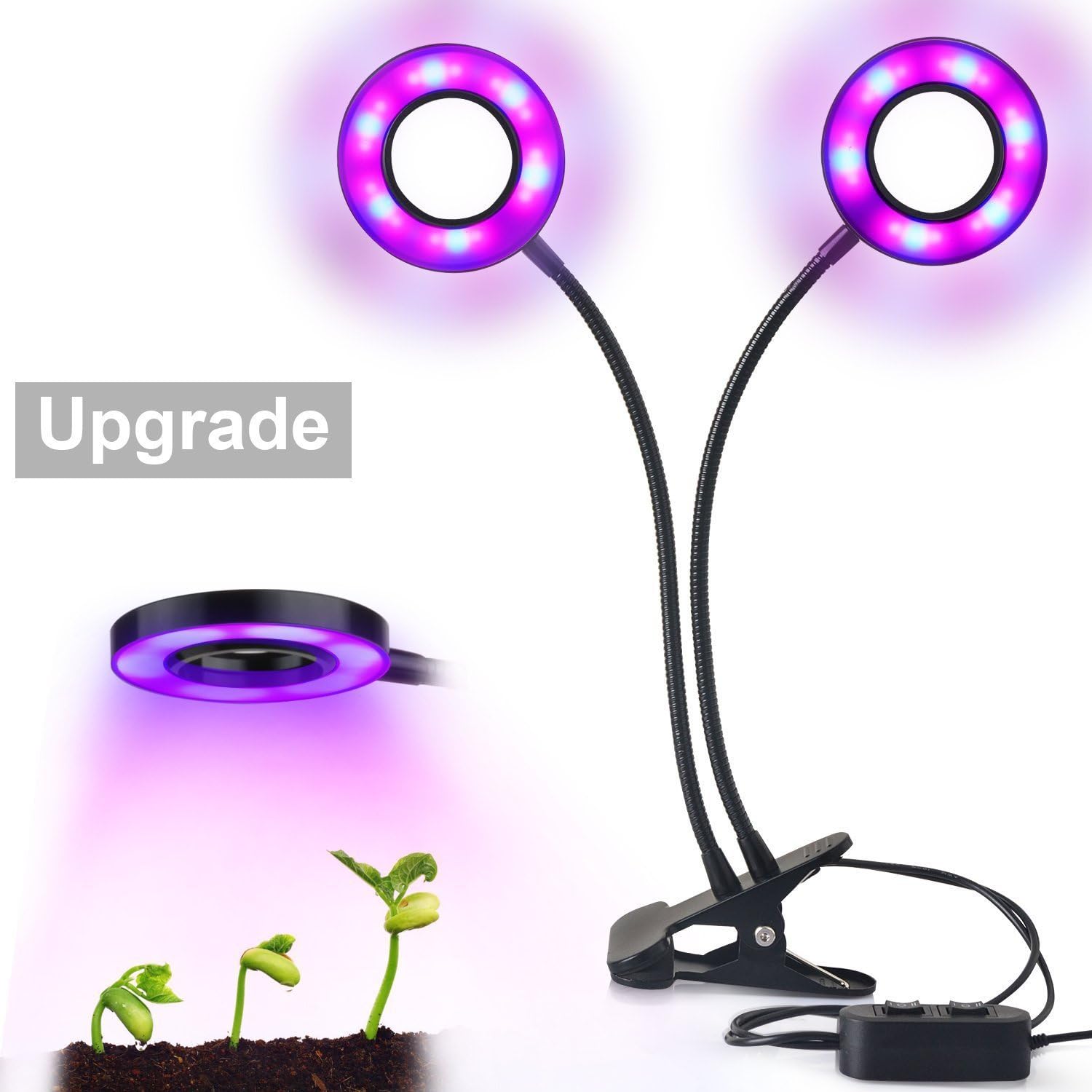 Tatata Upgrade Dual Head LED Grow Light - 18W 2 Level Dimmable 3 Modes Clip-On USB Adjustable Desktop Grow Light Lamp Bulbs Clamp Flexible Gooseneck for Indoor Plants Hydroponics Greenhouse Garden