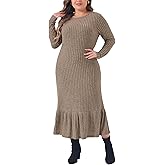 Agnes Orinda Plus Size Dress for Women Ribbed Knit Long Sleeve Crew Neck Ruffled Hem Midi Dresses