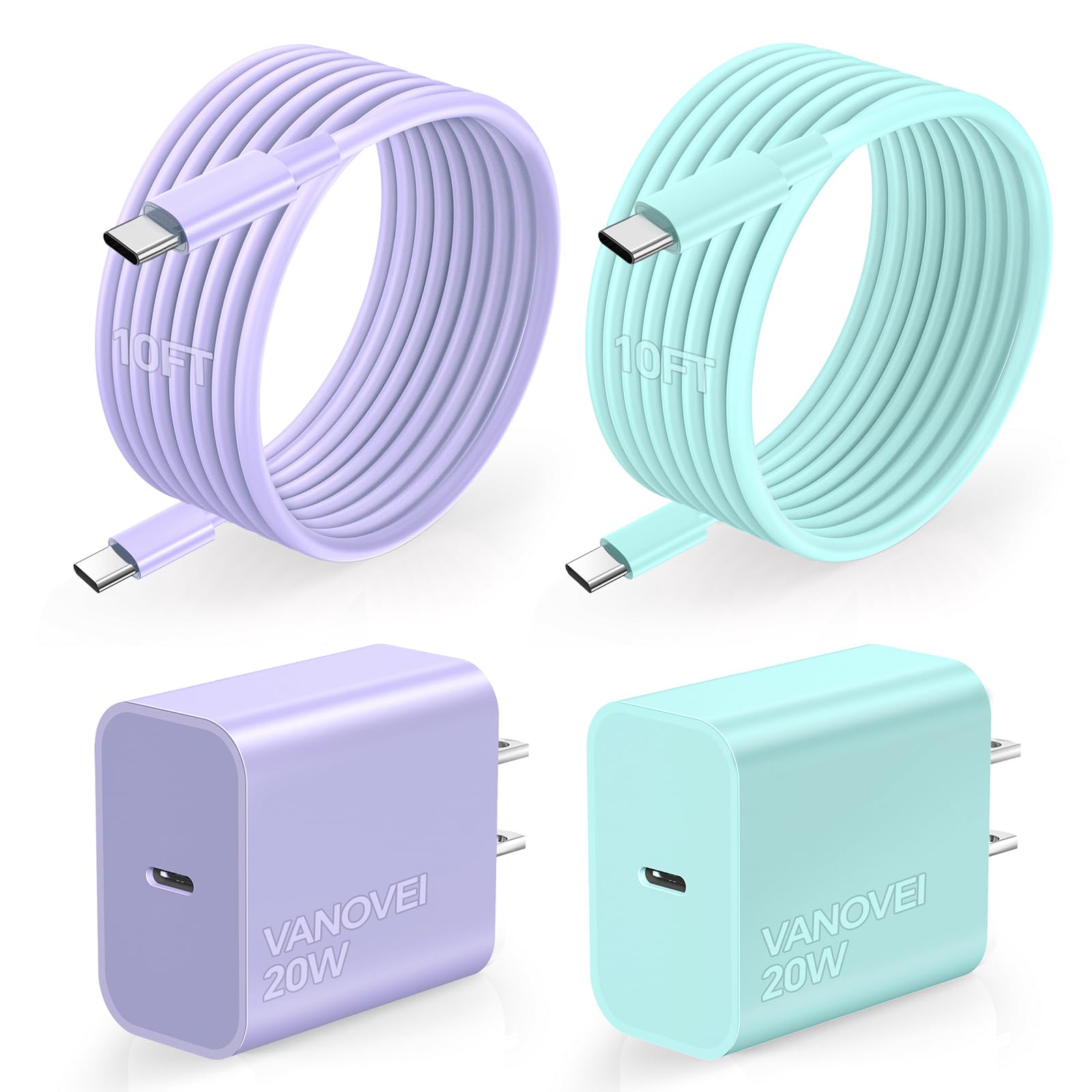 VANOVEI Compatible with iPhone 15 Charger Fast Charging,USB C Wall Charger,Type C Fast Charging Block with 2 Pack 10FT USB C Cable Compatible with iPhone 17/16/15/Pro Max/Pro/Plus,Pad,Samsumg,Android
