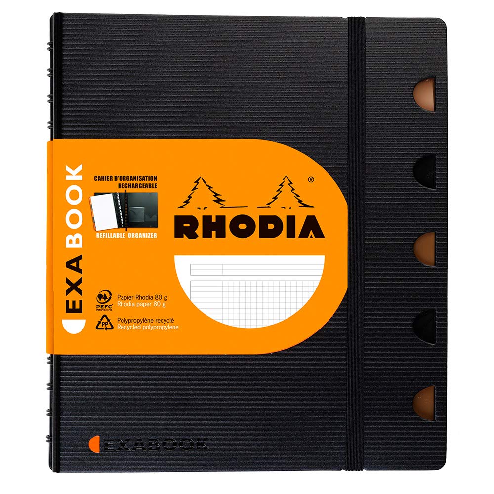RHODIA 132572C - Exabook Black A5+ Refillable Organizer Notebook|Small Squares|160 Detachable Perf. 6 Holes - Clairefontaine Paper 90g - Polypro Cover (Plastic) - Rhodiactive