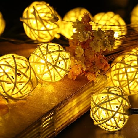 Samoleus Rattan Lichterkette Solar Warmweiß, 20 LEDS 4.8M 2Modes Außen Lichterketten Solar Lampions Wasserdicht Weihnachtsbel